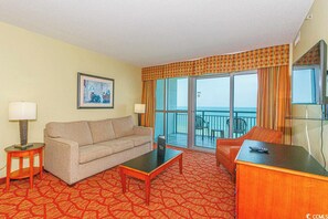 Living area - Oceanfront 2BR Condo, Bayview Resort on the Boardwalk, Myrtle Beach, Indoor pool (Myrtle Beach)