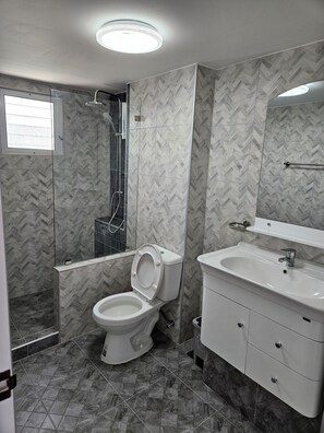 Douche, sèche-cheveux, serviettes fournies, savon