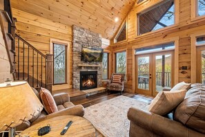 Cabin, Multiple Beds, Hot Tub, Mountain View (At Park’s Edge) | Living area | 50-inch flat-screen TV with digital channels, fireplace