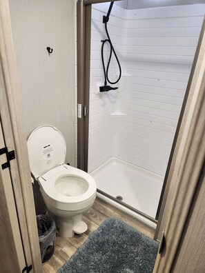 Shower, towels, soap, toilet paper