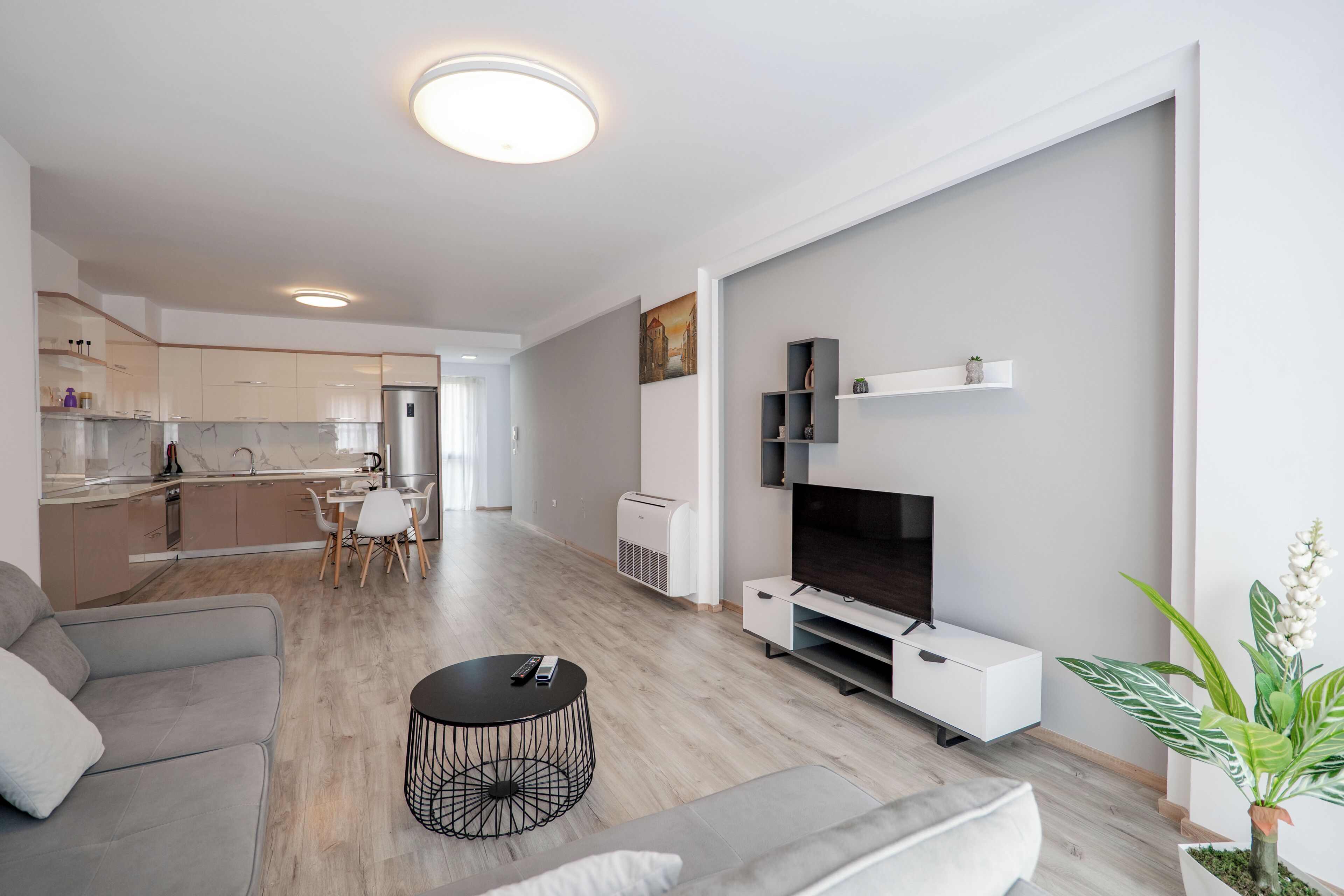 Ein modernes Wohnzimmer mit grauem Sofa, einem schwarzen Couchtisch, einem Flachbildfernseher und einem Blumentopf.
