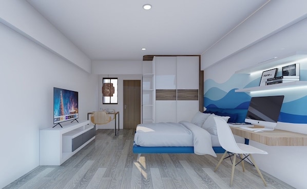 Habitación doble superior | Espacio para trabajar con laptop y ropa de cama 