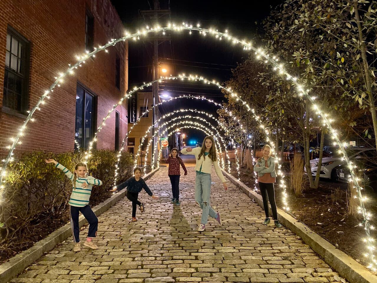 A cobblestone pathway lined with decorative lights and trees.