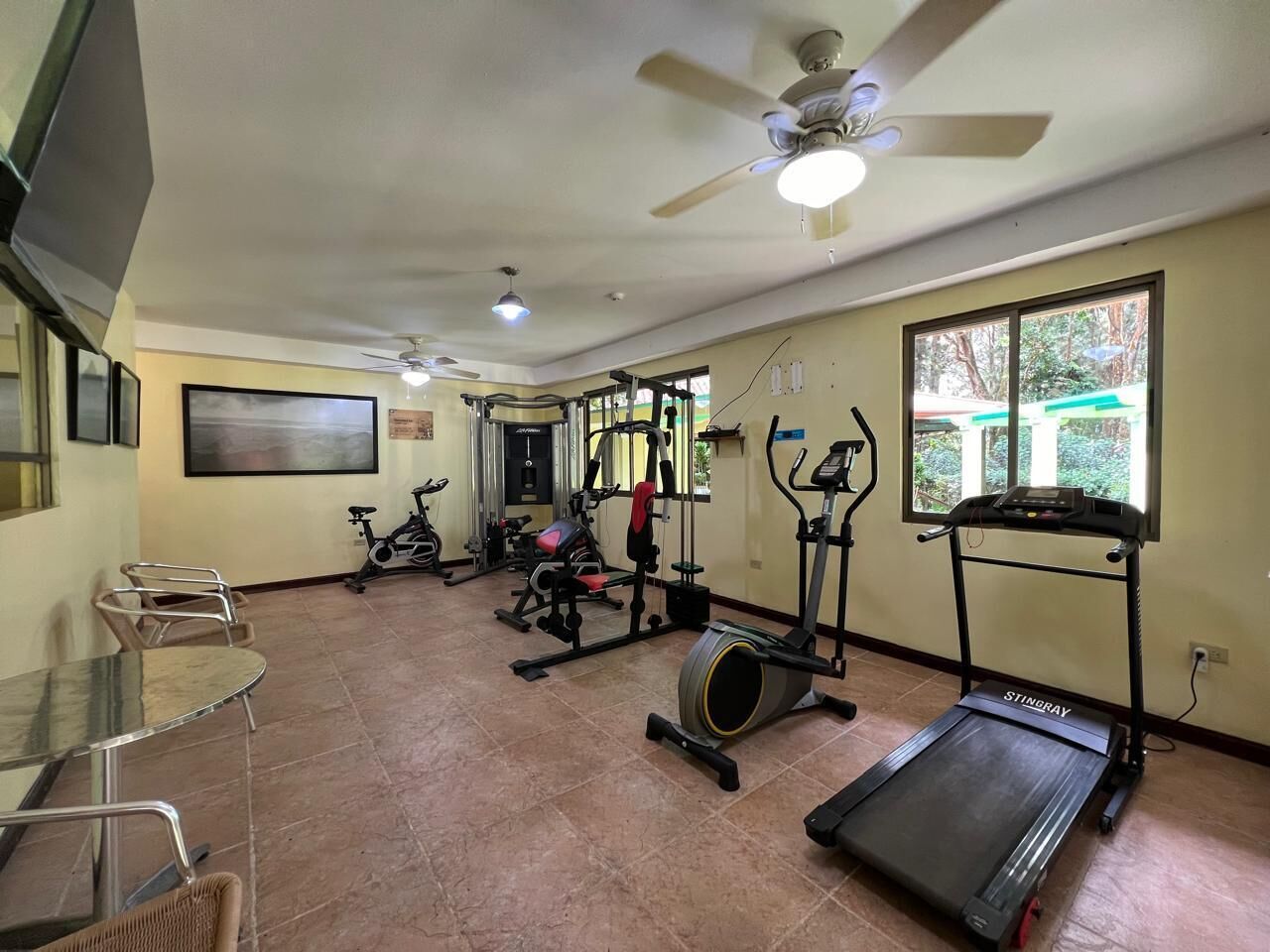 A gym with exercise equipment, a treadmill, and a ceiling fan.