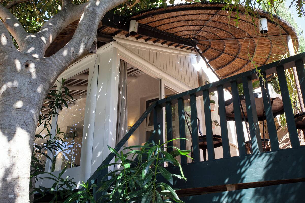 Un espacio exterior techado con una escalera y plantas en macetas.