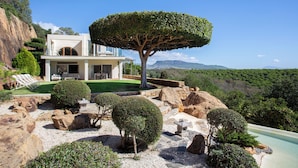 A modern house with a large tree in the front yard, surrounded by rocks and shrubs. - Love Garden (Tarifa)