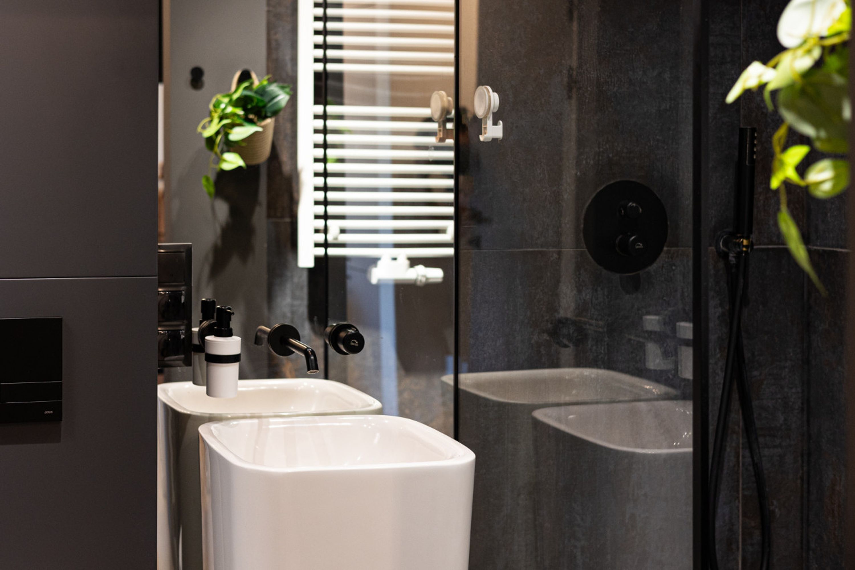 A modern bathroom with two sinks, a shower, and a potted plant.