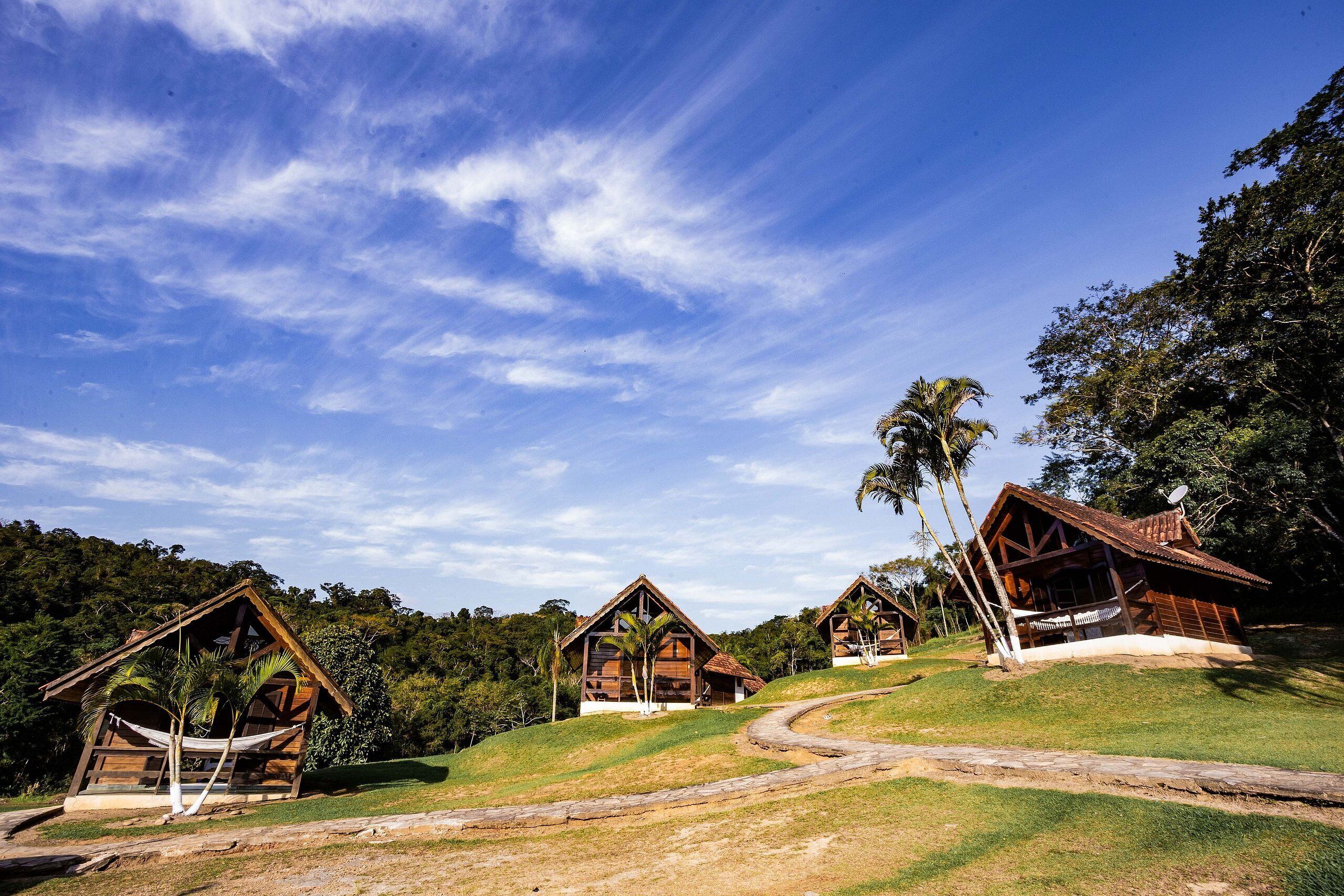 A series of wooden cabins with thatched roofs, surrounded by lush greenery and a clear sky.