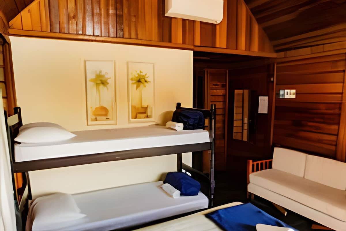 A bunk bed room with a wooden ceiling, a white sofa, and two framed pictures on the wall.