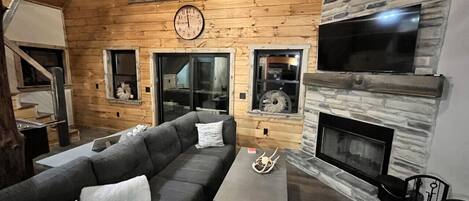 Smart TV, fireplace, video games, DVD player