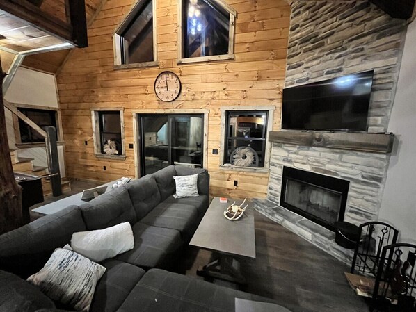Smart TV, fireplace, video games, DVD player