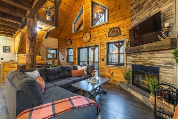 Smart TV, fireplace, video games, DVD player