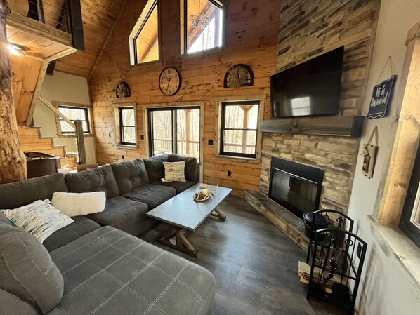 Smart TV, fireplace, video games, DVD player