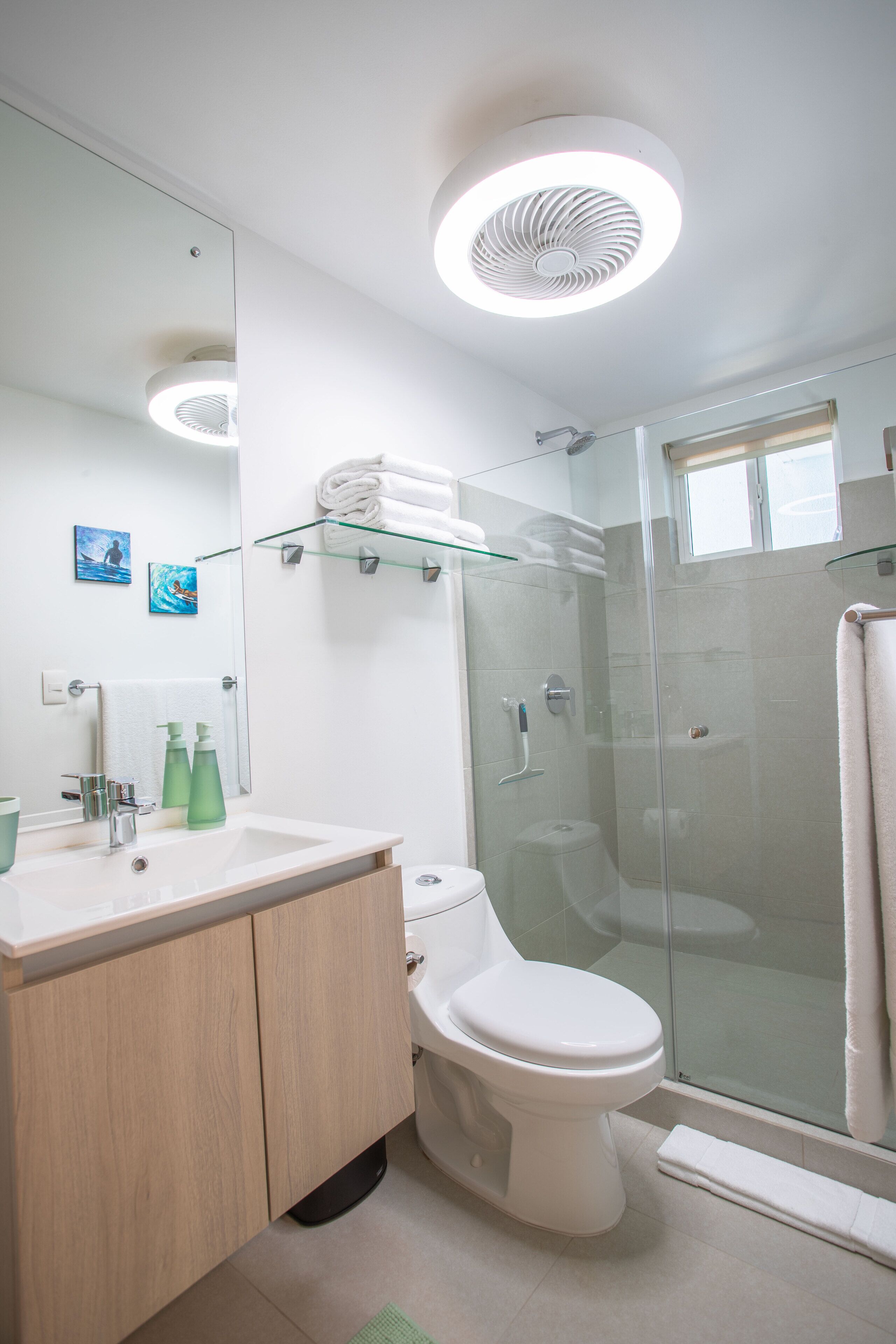 A modern bathroom with a glass-enclosed shower, a white toilet, and a vanity with a mirror and sink.
