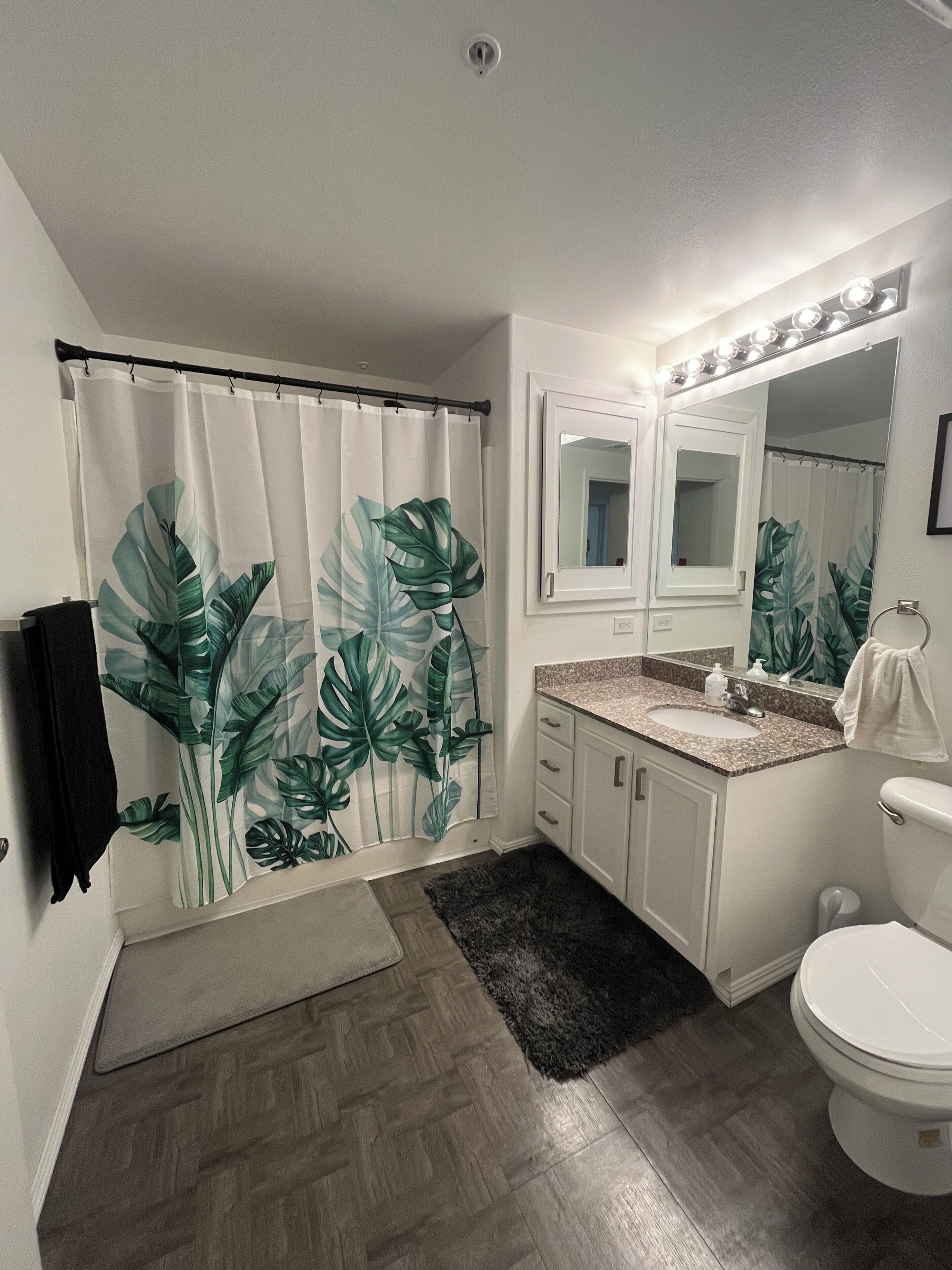 Hair dryer, towels, soap, shampoo