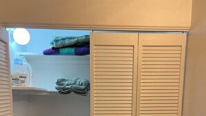Un espace dédié à la lessive, comprenant un lave-linge, une étagère avec des serviettes pliées et une bouteille de lessive.