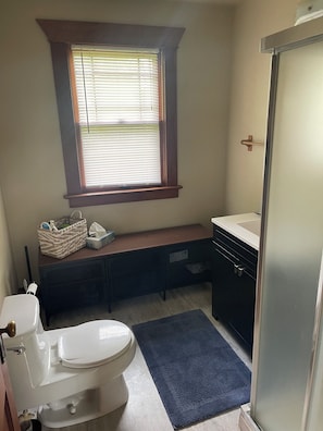 Shower, towels, soap, toilet paper