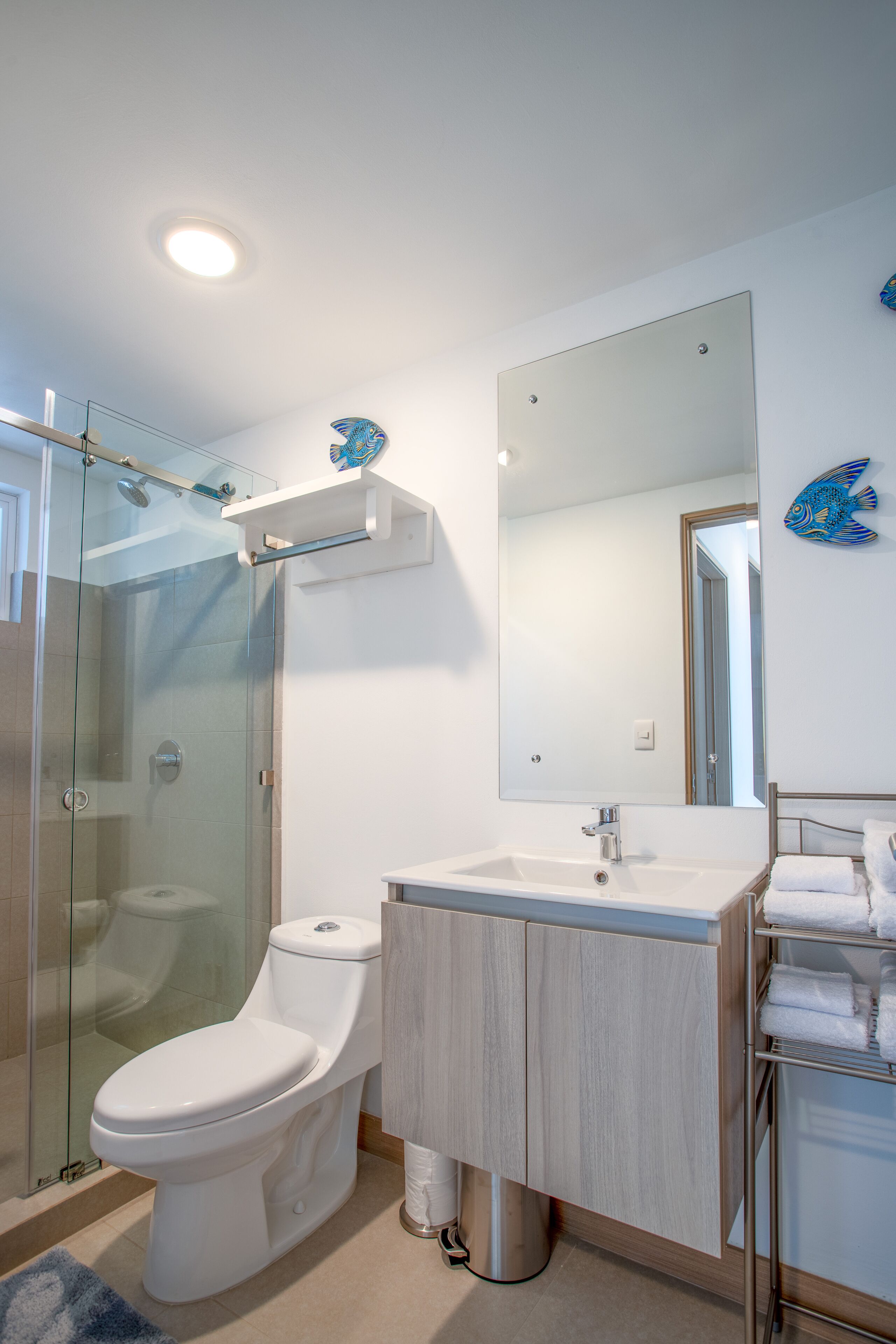 Une salle de bain moderne avec une douche à parois de verre, des toilettes blanches, un lavabo avec un meuble en bois et un miroir au-dessus du lavabo.