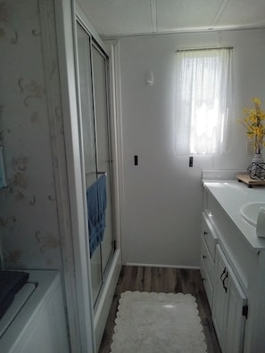 A bathroom with a shower, a sink, and a window with a curtain.