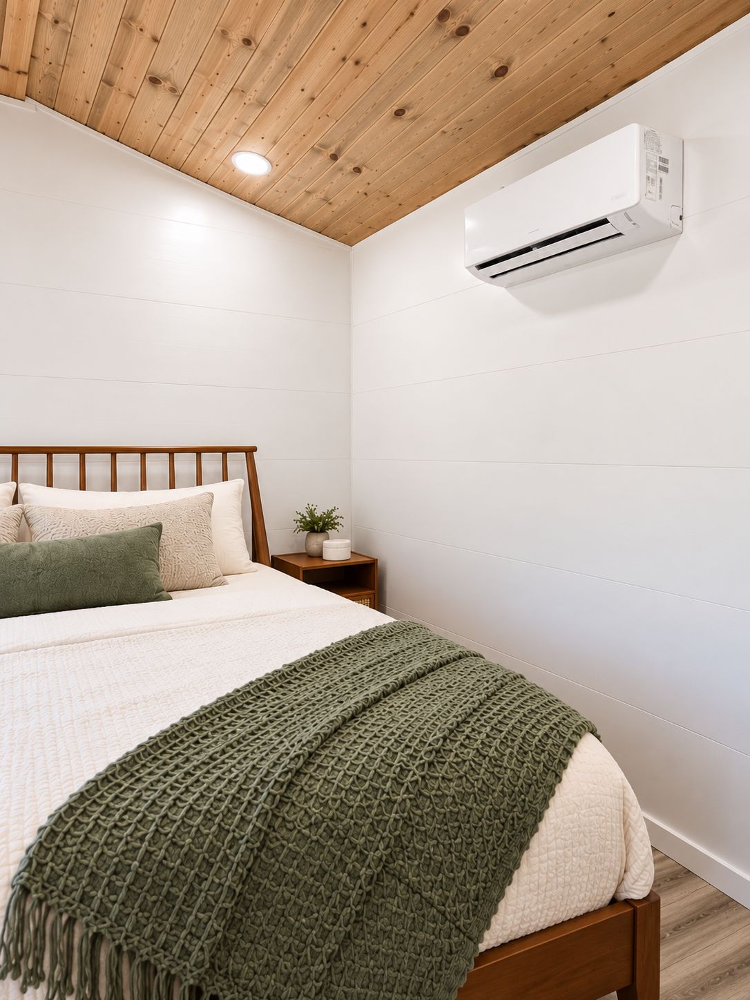 Ein Schlafzimmer mit Holzbalkendecke, einem Bett mit weißer und grüner Decke, einem Nachttisch mit Pflanze und einer Klimaanlage an der Wand.