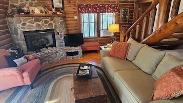 Smart TV, fireplace, DVD player, books