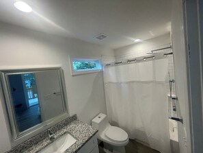 Hair dryer, towels, soap, toilet paper