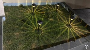 Ein Garten mit einem kreisförmigen Lichtmuster und einem kleinen Wasserspiel.