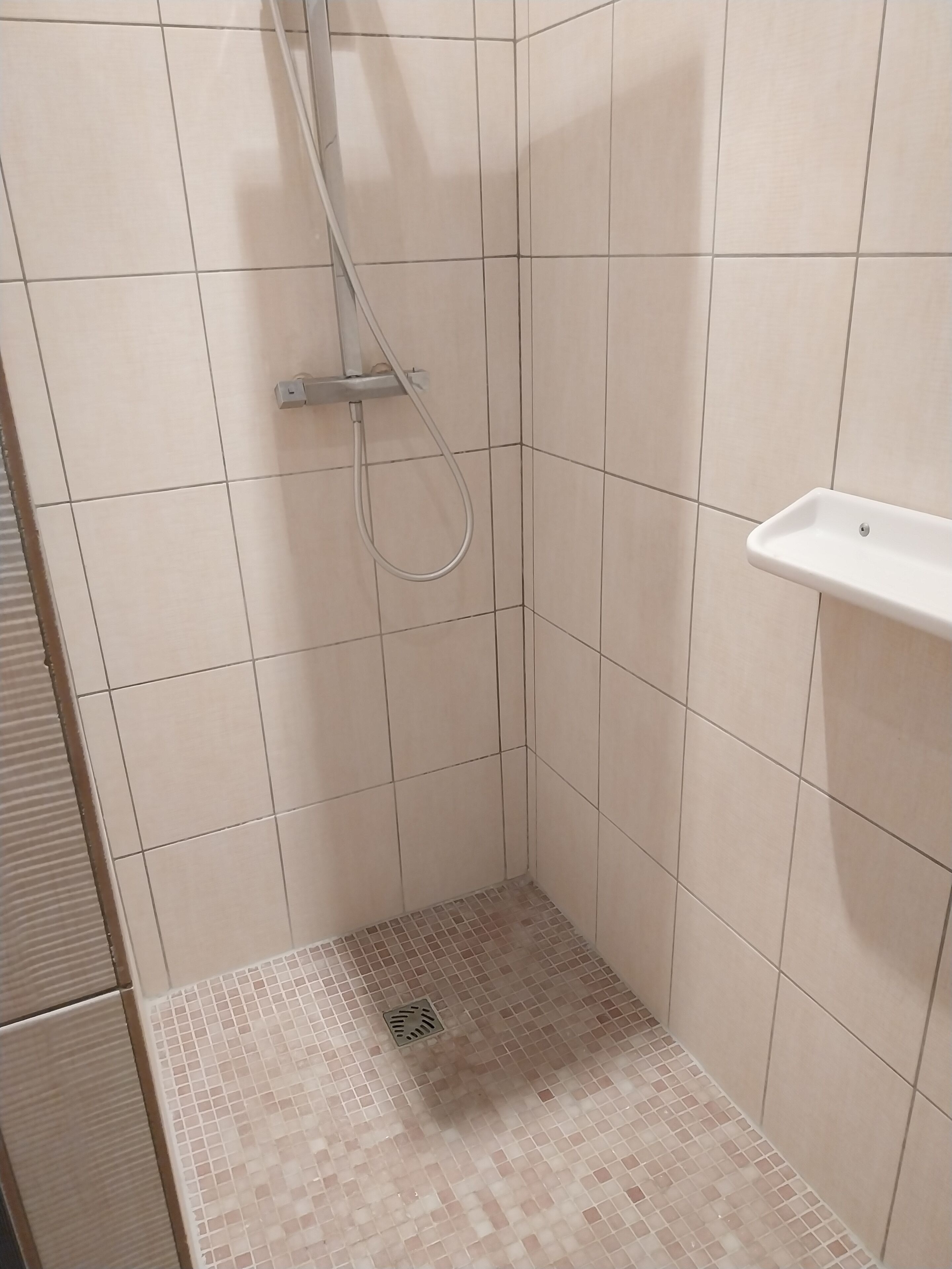 Ein kleiner Duschbereich mit gefliestem Boden, einer Handbrause und einem am Wand montierten Waschbecken.