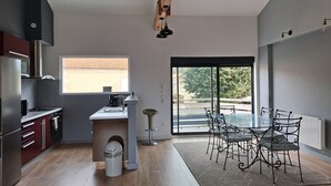 A modern kitchen with a built-in stove, a sink, and a window overlooking a garden.