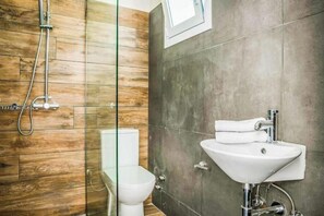 Hair dryer, towels, soap, toilet paper