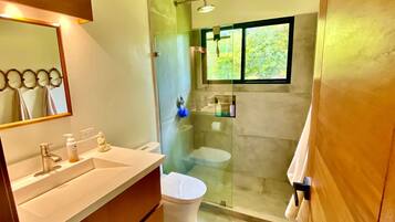 Shower, jetted bath, hair dryer, towels