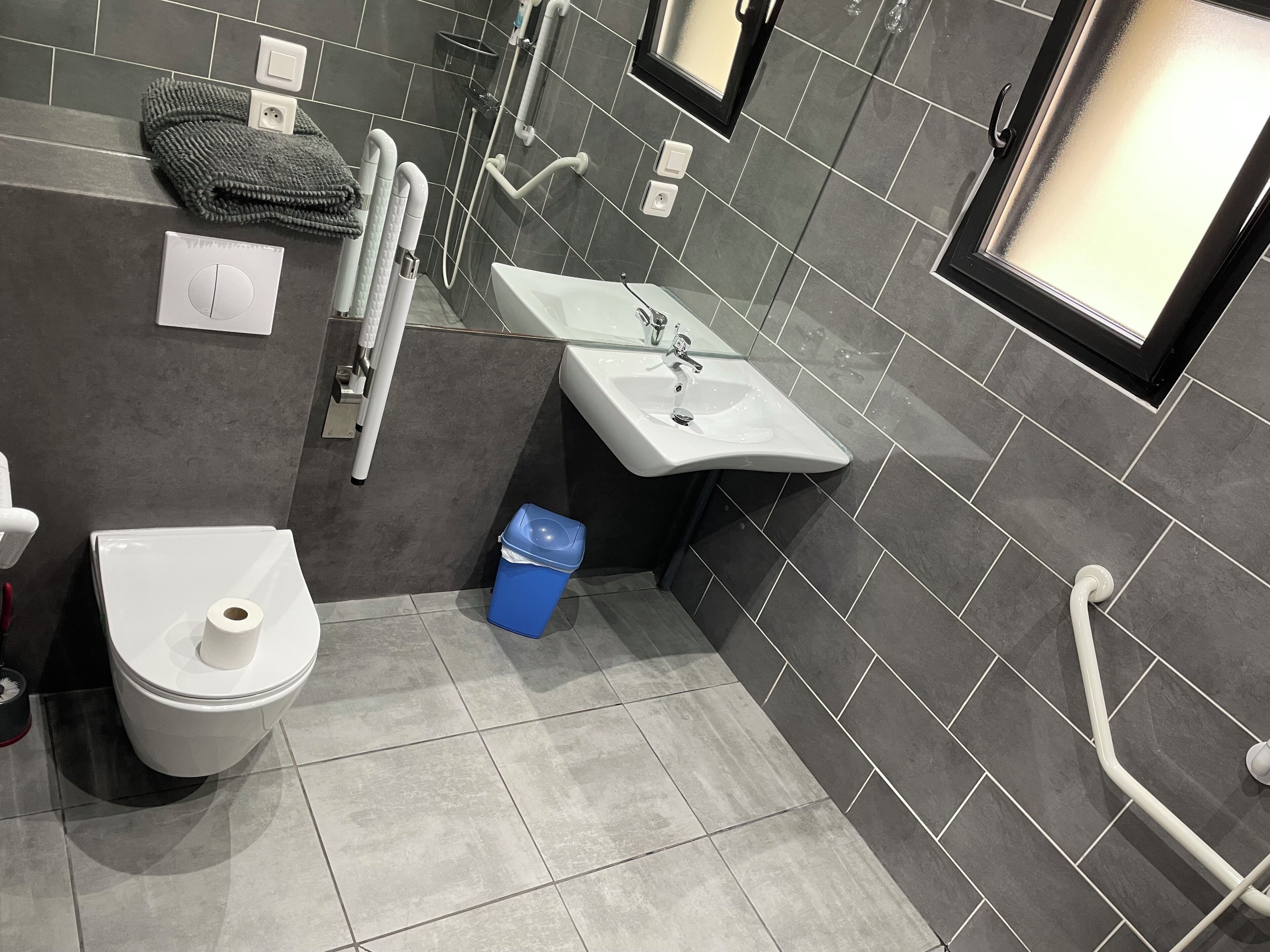 Een haardroger, handdoeken, zeep, toiletpapier