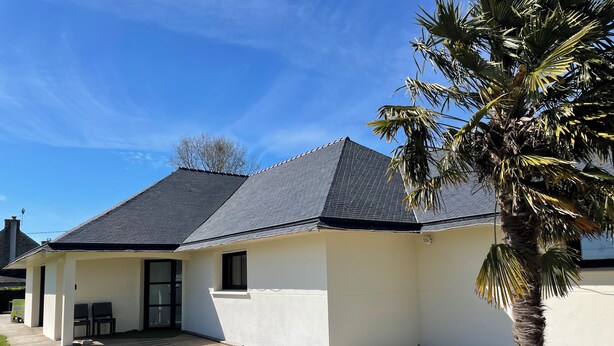 Et moderne hus med skråt tag, en overdækket terrasse og en palmetræ.