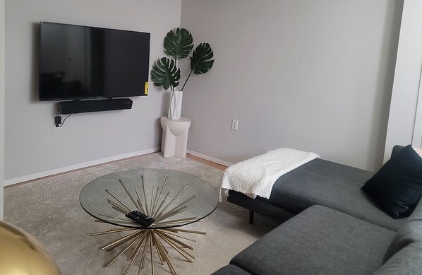 Smart TV, books, music library, stereo