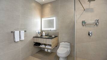 A modern bathroom with a toilet, sink, mirror, and shower.