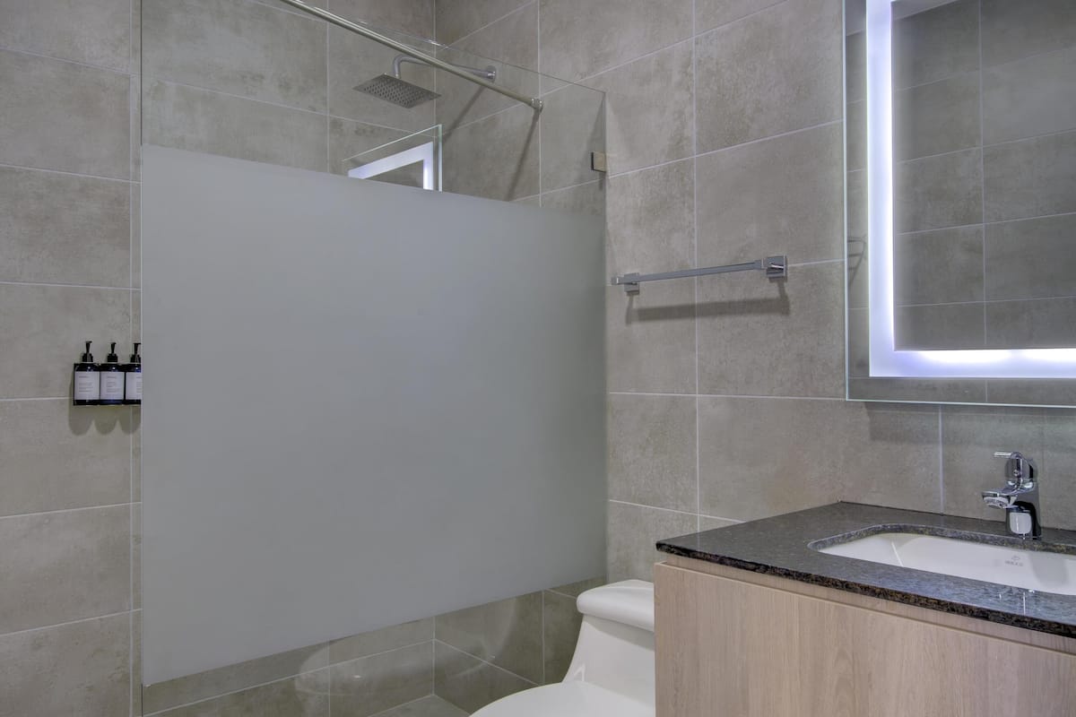 Shower, hair dryer, towels, soap