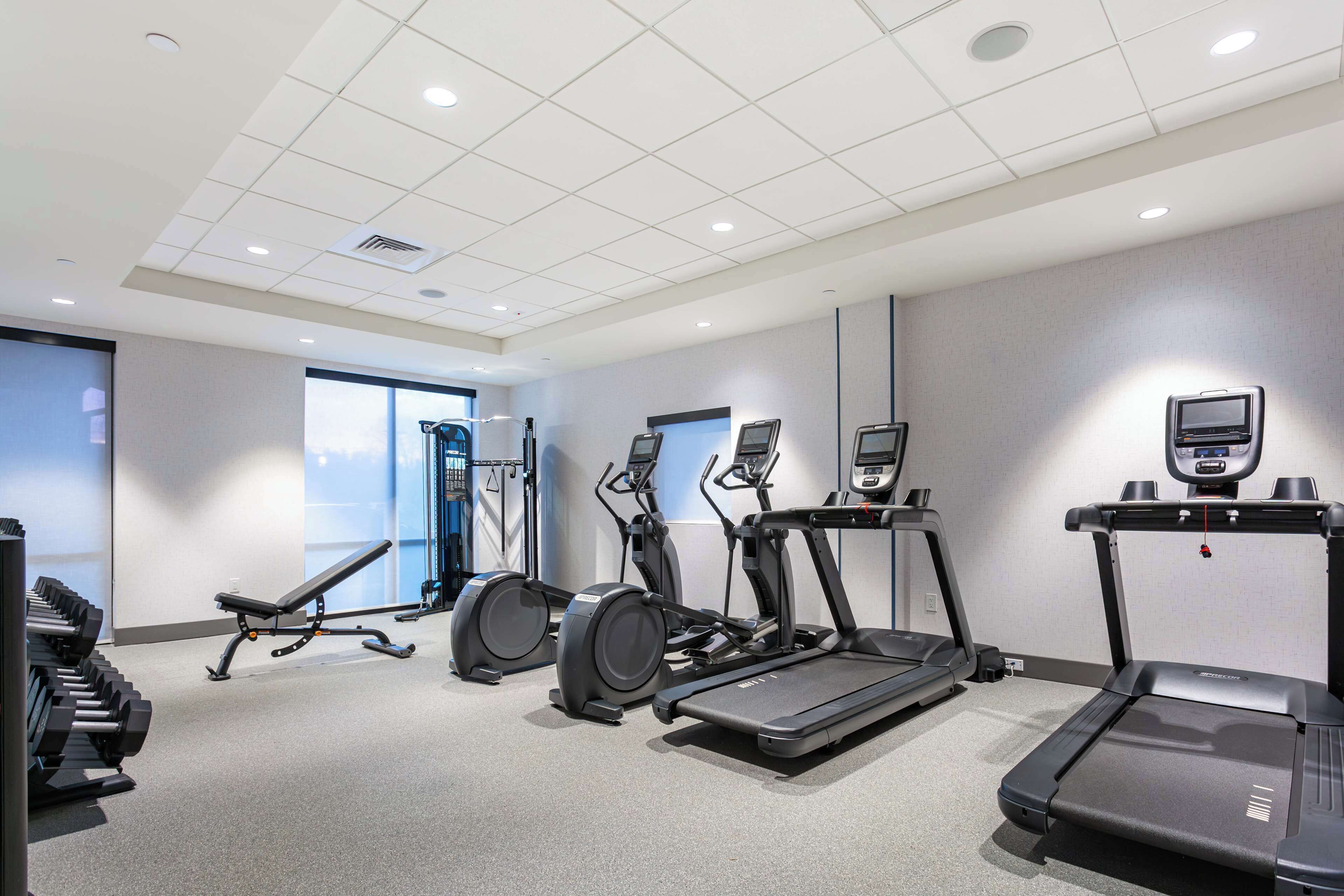 A gym with treadmills, elliptical machines, and free weights.