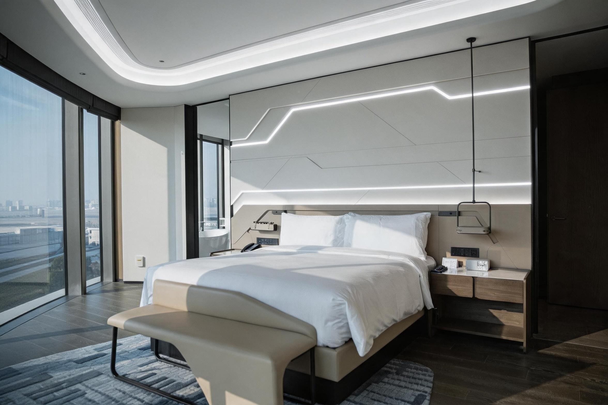 Habitación de hotel moderna con una cama grande, mesitas de noche, un banco, vistas a la ciudad y un diseño de techo único.