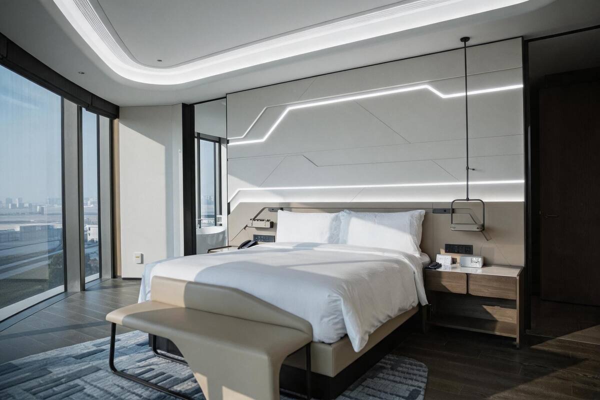 Ein modernes Hotelzimmer mit einem großen Bett, Nachttischen, einer Bank, Blick auf die Stadt und einem einzigartigen Deckenstil.