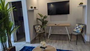 A modern living room with a flat-screen TV, two chairs with patterned cushions, a coffee table with a vase of flowers, and a blue rug. - 113 Rocks, Perfect location for business and having everything within reach. (Heredia)