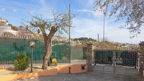 Ein Innenhof mit Steinpflaster, einem Baum, einem Lampenpfahl und einem grünen Zaun.