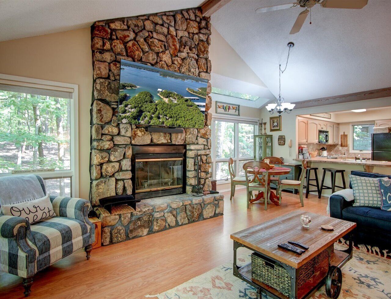 Smart TV, fireplace, video library