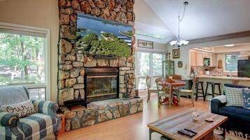 Smart TV, fireplace, video library