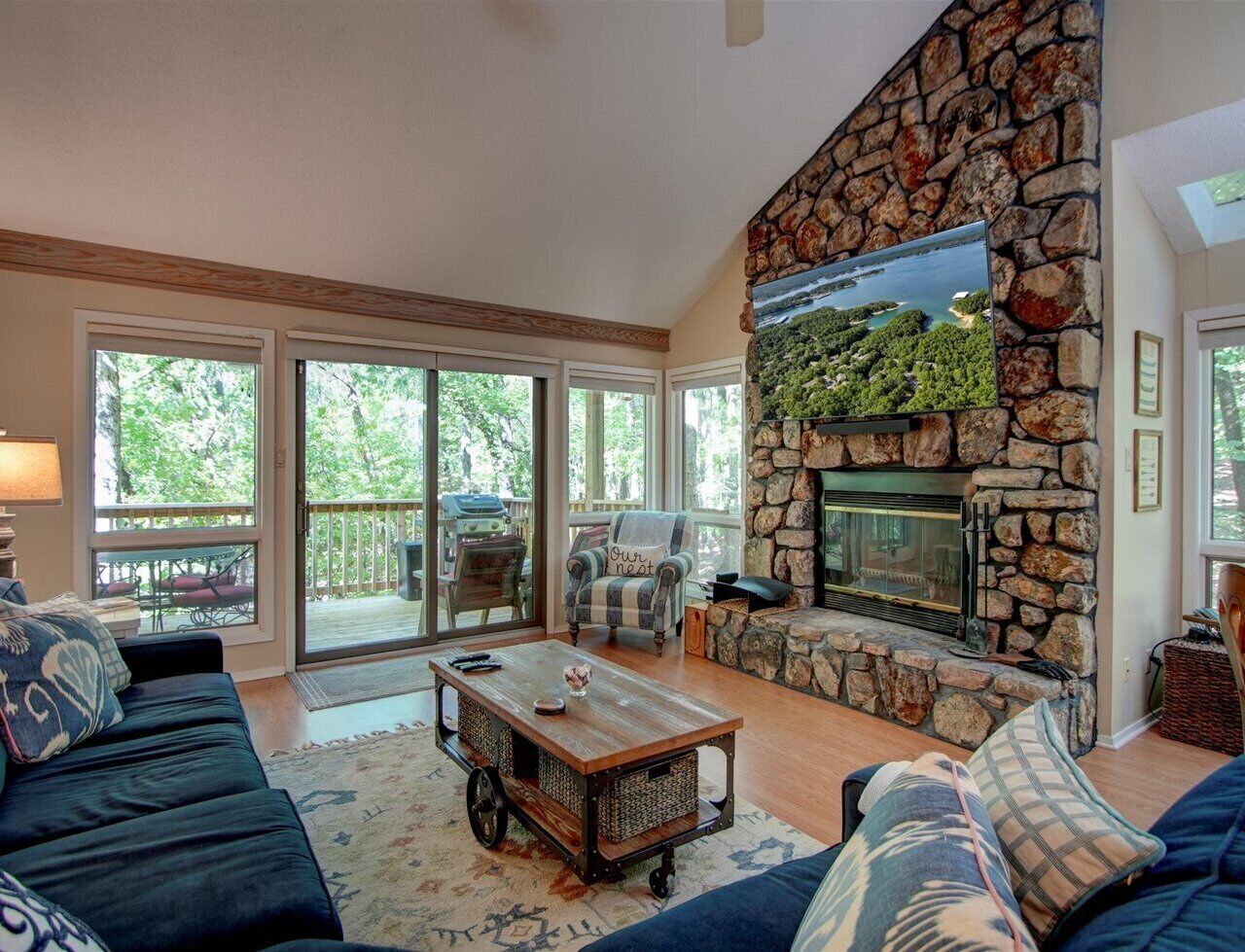 Smart TV, fireplace, video library