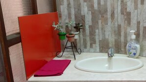 Casa de banho com uma pia branca, divisória vermelha e plantas em vasos.