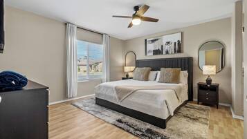 3 bedrooms, desk, iron/ironing board, travel cot