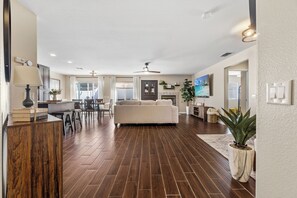 Smart TV, fireplace, video games, table football