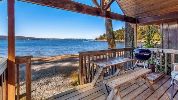 Une terrasse en bois avec un barbecue et des tables, donnant sur un lac.