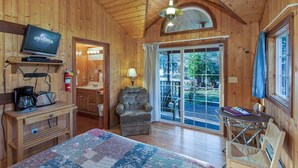 A cozy cabin room with a television, a fireplace, a comfortable chair, and a large window offering a view of the outdoors. - Garden Studio Cabin w/ peek-a-boo views - 1 min walk to beach! (Eastsound)