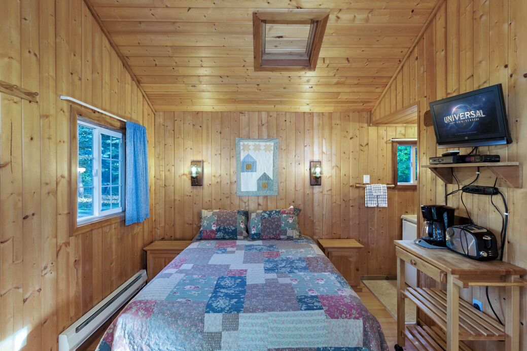 A wooden cabin room with a bed, a television, and a small kitchenette.